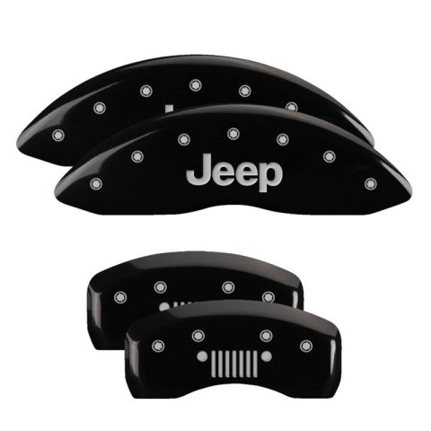 MGP Caliper Covers - Brake for 2020-2023 GLADIATOR 42021SJPLBK Set of 4 caliper covers, Engraved Front: JEEP Engraved Rear: JEEP Grill logo, Black powder coat finish, silver characters