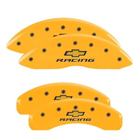 MGP Yellow Caliper Covers for 2016-2024 CAMARO - 14253SBRCYL Set of 4 caliper covers, Engraved Front and Rear: Chevy racing, Yello powder coat finish, Black characters.