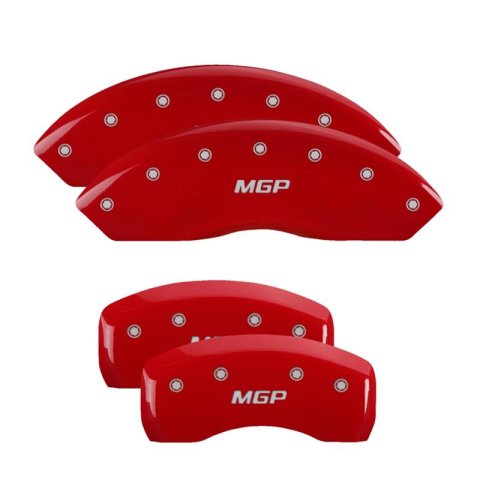 MGP Red Caliper Covers for 2011-2013 RANGE ROVER SPORT - 25145SMGPRD Brake Covers, Clip-on, Aluminum, Powdercoated, Logo, Land Rover, Set of 4