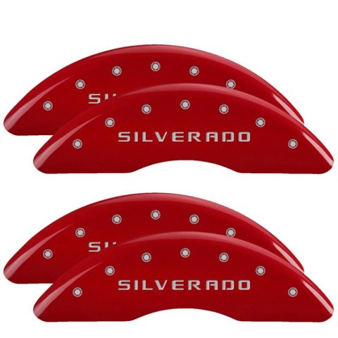 MGP Red Caliper Covers for 2020-2024 SILVERADO 2500 HD, 3500 HD - 14258SSILRD Set of 4 caliper covers, Engraved Front and Rear: Silverado, powder coat finish, silver characters