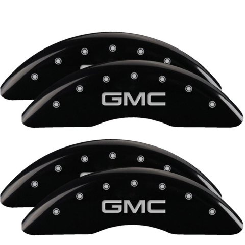 MGP Caliper Covers - Brake for 2020-2025 SIERRA 2500 HD, 3500 HD 34219SGMCBK Set of 4 caliper covers, Engraved Front and Rear: GMC, Black powder coat finish, silver characters