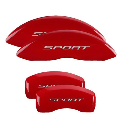 MGP Red Caliper Covers for 2020-2025 EXPLORER - 10252SSP2RD Set of 4 caliper covers, Engraved Front and Rear: Sport (2015, No Bolts), powder coat finish, silver characters