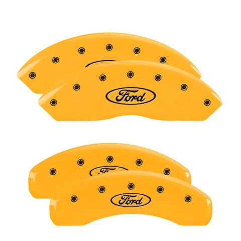MGP Yellow Caliper Covers for 2020-2025 EXPLORER - 10254SFRDYL Set of 4 caliper covers, Engraved Front and Rear: Ford Oval Logo, powder coat finish, black characters