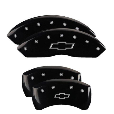 MGP Black Caliper Covers for 2020 TRAVERSE - 14257SBOWBK Set of 4 caliper covers, Engraved Front and Rear: Bowtie, powder coat finish, silver characters