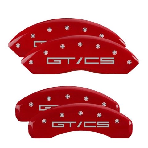 MGP Red Caliper Covers for 2015-2023 MUSTANG - 10202SGTCRD Set of 4 caliper covers, Engraved Front: GT/CS Egraved Rear: GT/CS, powder coat finish, silver characters