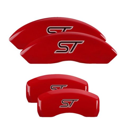 MGP Red Caliper Covers for 2020-2025 EXPLORER - 10252SST1RD Set of 4 caliper covers, Engraved Front and Rear: ST (No bolts), powder coat finish, silver characters