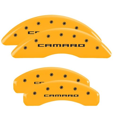 MGP Yellow Caliper Covers for 2016-2024 CAMARO - 14253SCA5YL Set of 4 caliper covers, Engraved Front and Rear: Gen 5/Camaro, powder coat finish, black characters