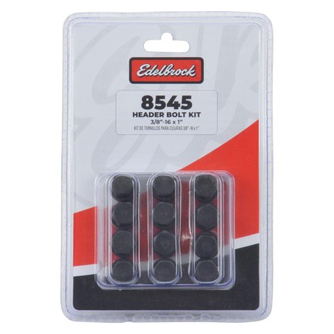 Edelbrock Header Bolt Kits 8545 Fasteners, Kits, Flanged, 3/8 in. - 16 Thread Size, Steel, Black Oxide, 1.000 in. Underhead Length, Set of 12