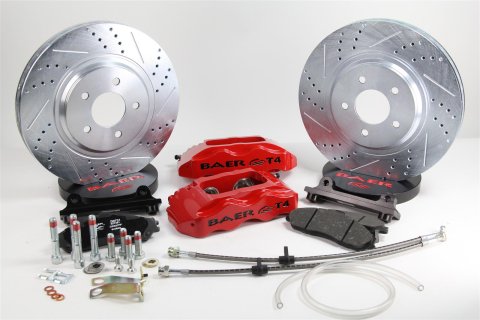 Baer Brakes Track4 Disc Brake Systems 4261276R Brakes, Track4, Front, Cross-drilled/Slotted Surface Rotors, 4-piston Red Calipers, Ford, Kit