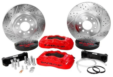 Baer Brakes Pro Brake Kits 4301299R Disc Brakes, Pro, Front, Cross-drilled/Slotted Surface Rotors, 6-piston Red Calipers, Chevy, Kit