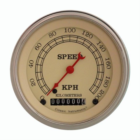 Classic Instruments Vintage Series Gauge Sets VT59SLC Speedometer, Series, 3 3/8 in. Diameter, 0-200 kph, Analog, Electrical, Curved Face, Each