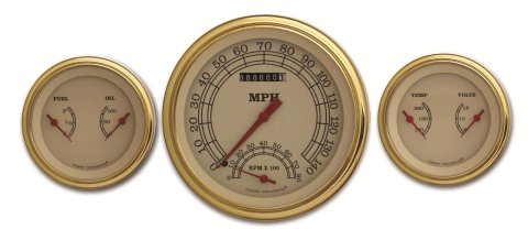 Classic Instruments Vintage Series Gauge Sets VT64SLC Set, Series, Analog, Electronic, Black Face, Red Pointer, Gold Bezel, Curved Lens, Set