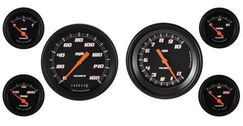 Classic Instruments Velocity Series Gauge Sets VS51BBLF Gauges, Velocity, Analog, Speedometer, Tach, Fuel Level, Oil Press., Water Temp., Volts, Black Face, Set of 6