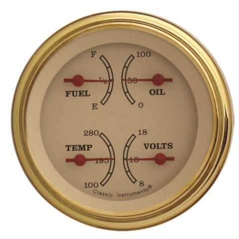 Classic Instruments Vintage Series Gauge Sets VT76GLC Gauge, Series, Quad, Water Temperature, Oil Pressure, Fuel Level, 3 3/8 in., Cream Face, Analog, Each