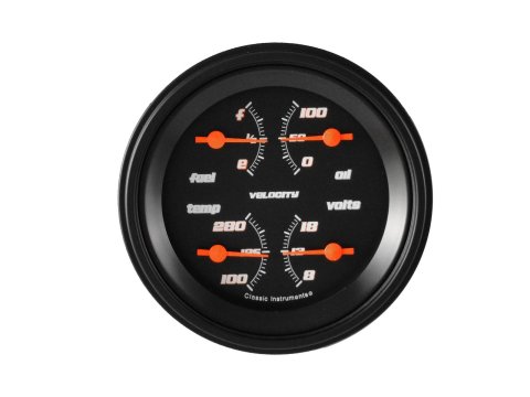 Classic Instruments Velocity Series Gauge Sets VS76BBLF Gauge, Velocity, Analog, Electrical, Fuel, Oil, Volt, Water, 3 3/8 in. Diameter, Black Face, Each