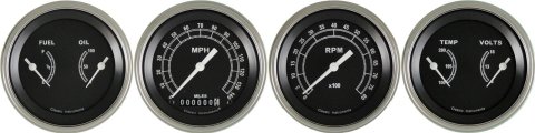 Classic Instruments Traditional Series Gauge Sets TR05SLF Gauges, Traditional, Speedometer, Tach, Water Temperature, Fuel Level, 3 3/8 in., Black Face, Analog, Set of 4
