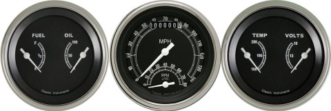 Classic Instruments Traditional Series Gauges TR34SLF Gauges, Traditional, Speedometer, Tach, Water Temperature, Fuel Level, 3 3/8 in., Black Face, Analog, Set of 3