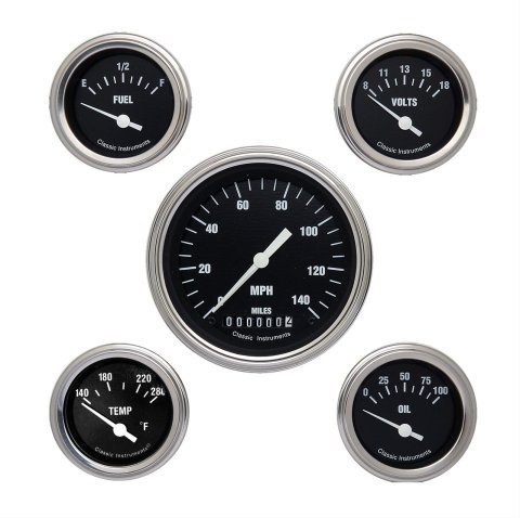 Classic Instruments Hot Rod Series Gauge Sets HR00SLF Set, Series, Analog, Electronic, Black Face, White Pointer, Polished Bezel, Flat Lens, Kit