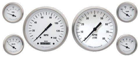 Classic Instruments White Hot Series Gauge Sets WH51SLC Gauges, Series, Speedometer, Tachometer, Oil Pressure, Fuel Level, Face, Analog, Set of 6