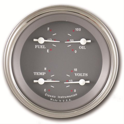 Classic Instruments SG Series Gauge Sets SG73SLF Gauge, Series, Quad, Water Temperature, Oil Pressure, Fuel Level, 3 3/8 in., Gray Face, Analog, Each
