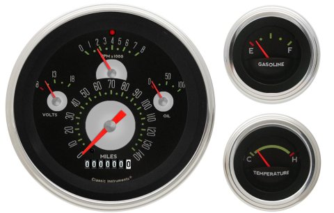 Classic Instruments 1957 Chevy Package Gauge Sets CH01ASLF Kits, Direct Fit Analog, Sets, Tetra, Speedometer, Tach, Water Temperature, Oil Pressure, Black Face, Chevrolet, Kit