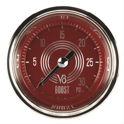Classic Instruments V8 Red Steelie Series Gauges V8RS142SHC Boost Gauge, RED STEELIE 2" BOOST, 30psi ELEC, FULL SWEEP
