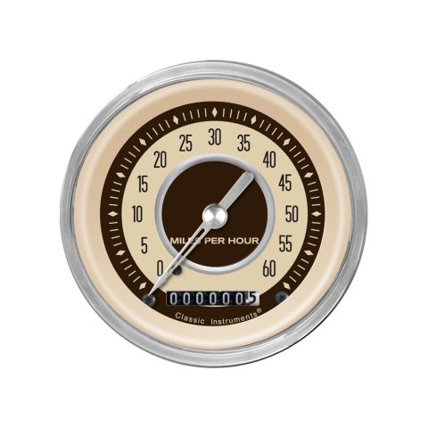 Classic Instruments Nostalgia VT Series Speedometers LSNT Gauges, Speedometer, 0-60 mph, 3 3/8 in., Beige Face, Brown Numbers, High Step Bezel and Curved Glass, Analog, Electrical, Each