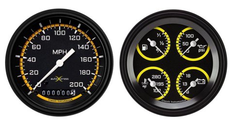 Classic Instruments Auto Cross Yellow Series Gauge Sets AX02YBLF Kits, Yellow, Analog, Speedometer, Fuel Level, Oil Pressure, Volts, Water Temp., 3 3/8 in., Black/Yellow Face, White Numbers, Kit