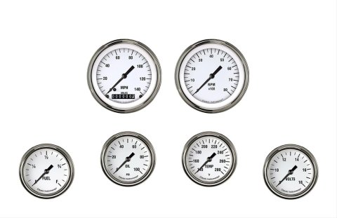 Classic Instruments White Hot Series Gauge Sets WH301SLF Gauges, Series, Speedometer, Tachometer, Water Temperature, Oil Pressure, Fuel Level, Volt, Face, Analog, Set of 6