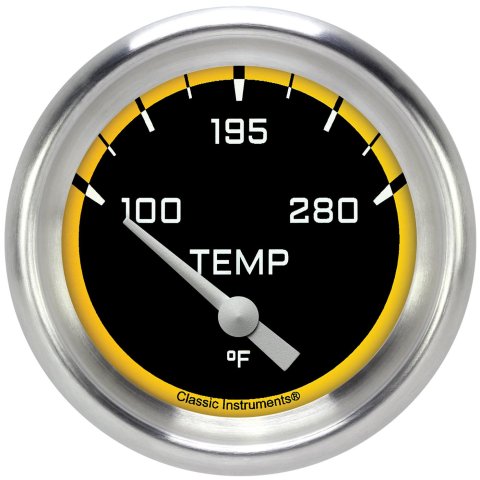 Classic Instruments Auto Cross Yellow Series Gauges AX226YAPF-06 Gauges, Series, Water Temperature, 140-280 degrees F, Analog, Electrical, 2 5/8 in., Black Face, White Numbers, Each