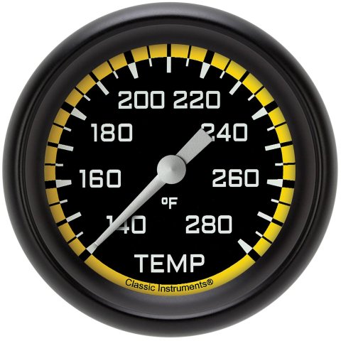 Classic Instruments Auto Cross Yellow Series Gauges AX326YBPF-08 Gauges, Series, Water Temperature, 140-280 degrees F, Analog, Electrical, 2 5/8 in., Black Face, White Numbers, Each