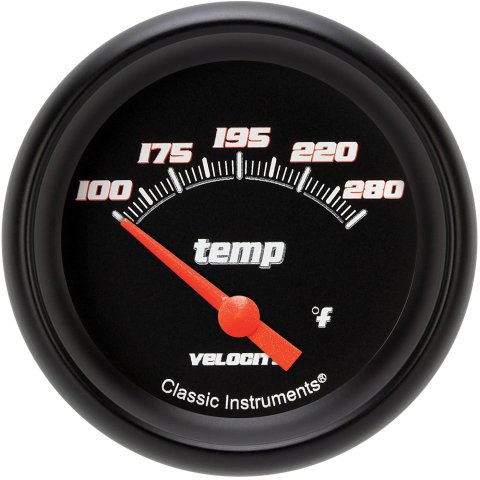 Classic Instruments Velocity Series Gauges VS226BBPF-12 Gauges, Series, Water Temperature, 140-280 degrees F, Analog, Electrical, 2 5/8 in., Black Face, White Numbers, M12 x 1.5 Thread, Each