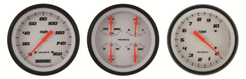 Classic Instruments Velocity Series Gauge Sets VS53WBLF Gauges, Velocity, Speedometer, Tach, Water Temperature, Fuel Level, 5 in., White Face, Analog, Set of 3