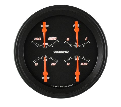 Classic Instruments Velocity Series Gauge Sets VS75BBLF Gauge, Velocity, Analog, Electrical, Fuel, Oil, Volt, Water, 5 in. Diameter, Black Face, Each