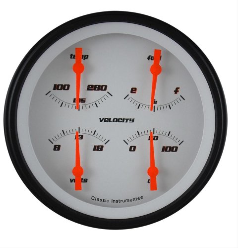 Classic Instruments Velocity Series Gauge Sets VS75WBLF Gauge, Velocity, Analog, Electrical, Fuel, Oil, Volt, Water, 5 in. Diameter, White Face, Each