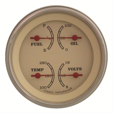 Classic Instruments Vintage Series Gauge Sets VT79SLC Gauge, Series, Quad, Water Temperature, Oil Pressure, Fuel Level, 3 3/8 in., Cream Face, Analog, Each