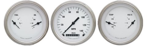 Classic Instruments White Hot Series Gauge Sets WH04SLF Gauges, Series, Speedometer, Water Temperature, Fuel Level, 3 3/8 in., Face, Analog, Set of 3