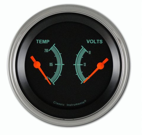 Classic Instruments G-Stock Series Gauge Sets GS74SLC Kits, Series, Dual Gauge, Analog, Water Temperature, Voltmeter, Black Face, Teal Numbers, Curved Glass, Electronic, Each
