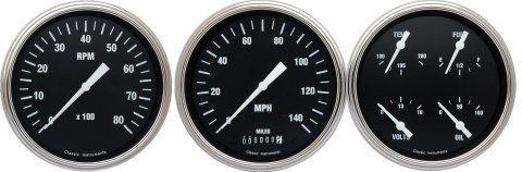 Classic Instruments Hot Rod Series Gauge Sets HR53SLC Gauges, Series, Speedometer, Tach, Water Temperature, Fuel Level, 5 in., Black Face, Analog, Set of 3