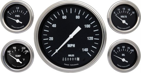 Classic Instruments Hot Rod Series Gauge Sets HR54SLF Gauges, Series, Speedometer, Water Temperature, Oil Pressure, Fuel Level, Black Face, Analog, Kit
