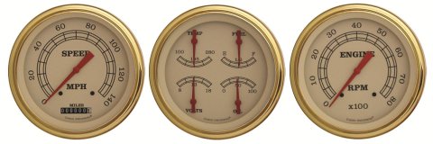Classic Instruments Vintage Series Gauge Sets VT53GLF Gauge, Vintage, Analog, Electronic, Speedo, Tach, Fuel, Oil, Volt, Water, 5 in., Cream Face/Gold Bezel, Set 3
