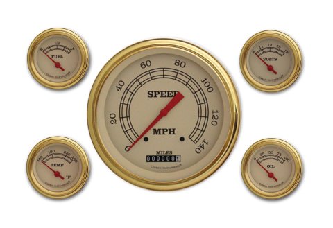 Classic Instruments Vintage Series Gauge Sets VT54GLF Gauge, Vintage, Analog, Electronic, Speedometer, Fuel, Oil, Volt, Water, 5 / 2 1/8 in., Cream Face/Gold Bezel
