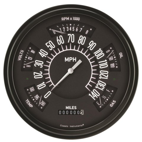 Classic Instruments Six Pack Gauge Sets SX01BBLF Kits, Pack, Analog, Speedometer, Tach, Fuel Level, Oil Pressure, Volts, Water Temp., 6 1/4 in., Black Face, White Numbers, Flat Glass, Each