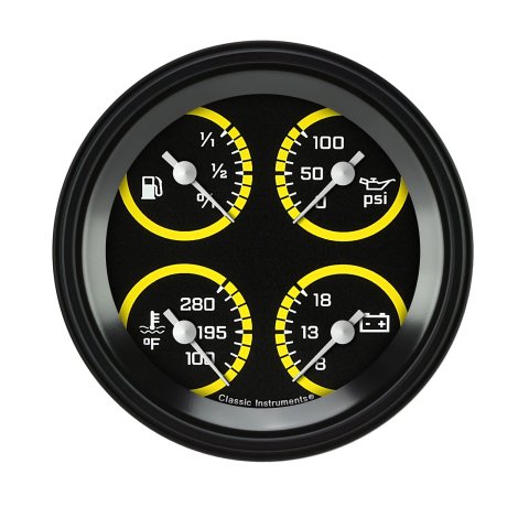 Classic Instruments Auto Cross Yellow Series Gauge Sets AX77YBLF Kits, Yellow, Quad, Analog, Fuel Level, Oil Pressure, Voltmeter, Water Temperature, 3 3/8 in., Black/Yellow Face, White Numbers, Each