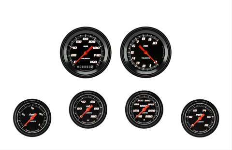 Classic Instruments Velocity Series Gauge Sets VS301BBLF Gauges, Series, Speedometer, Tachometer, Water Temperature, Oil Pressure, Fuel Level, Volt, Black Face, Analog, Set of 6