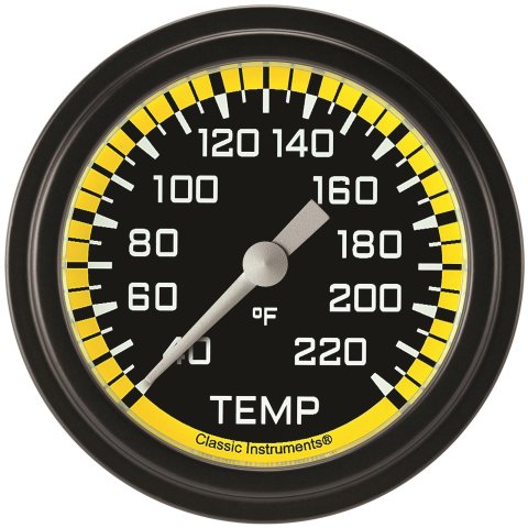 Classic Instruments Auto Cross Yellow Series Gauges AX329YBLF Gauge, Stock Eliminator, Water Temp, 2 5/8 in., Black/Yellow Face, Analog, Electrical, Each