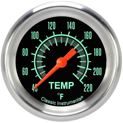 Classic Instruments G-Stock Series Gauges GS329APF Gauges, Series, Water Temperature, 40-220 degrees F, Analog, Electrical, 2 5/8 in., Black Face, Green Numbers, 1/8 in. NPT Thread, Each