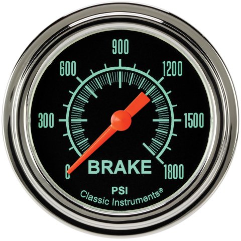 Classic Instruments G-Stock Series Gauges GS367SLF Gauges, Series, Brake Pressure, 0-1,800 psi, Analog, Electrical, 2 5/8 in., Black Face, Green Numbers, 1/8 in. NPT Thread, Each