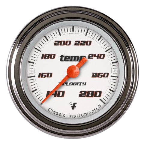 Classic Instruments Velocity Series Gauges VS126WSLF-08 Gauges, Series, Water Temperature, 140-280 degrees F, Analog, Electrical, 2 1/8 in., White Face, Black Numbers, Each