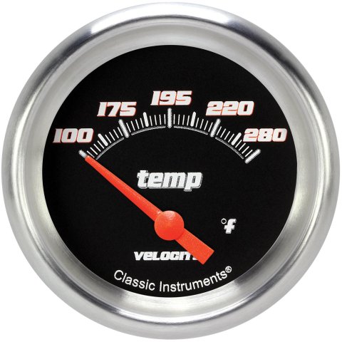 Classic Instruments Velocity Series Gauges VS226BAPF-02 Gauges, Series, Water Temperature, 140-280 degrees F, Analog, Electrical, 2 5/8 in., Black Face, White Numbers, 1/8 in. NPT Thread, Each